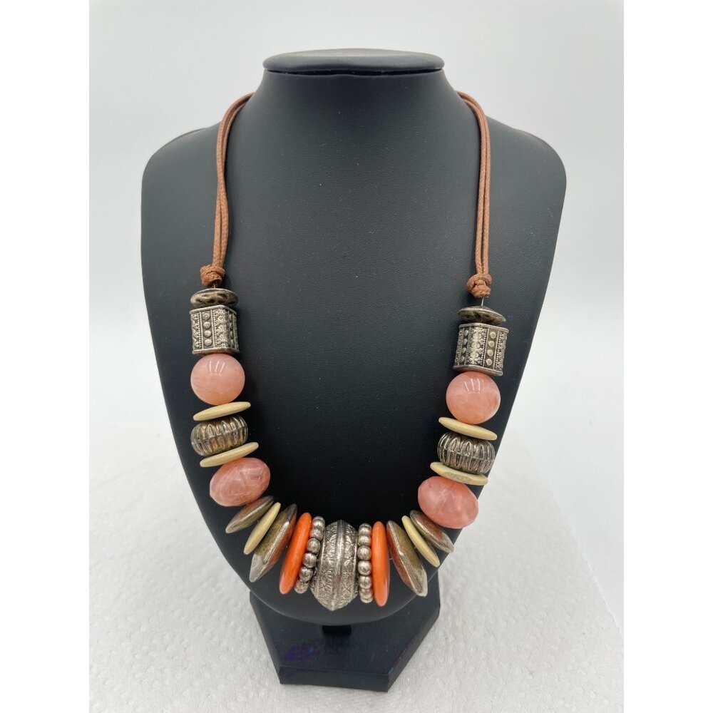 Bohemian Chunky Beaded Necklace With Coral & Metal Accents Adjustable Brown Cord